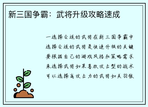 新三国争霸：武将升级攻略速成